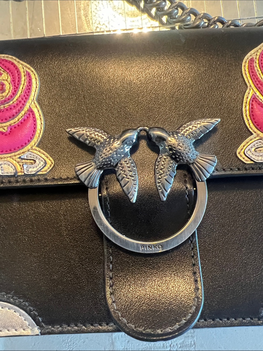 Pinko black Leather Crossbody Bag with Pink Rose Embroidery. Silver and Gold - Picture 2 of 5